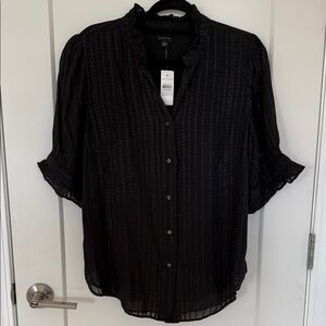 Ann Taylor Elegant Black Blouse with ruffles and gold thread L NWT